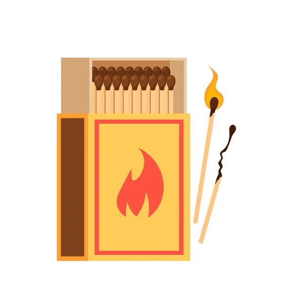Full Box Matches Burning Burnt Matches Isolated White Background Fire — Stock Vector