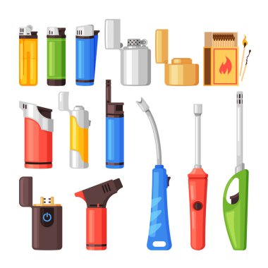 Set of Lighters, Group Of Various Lighters Suitable For Articles About Smoking Or Product Advertisements, Matches Box, Device for Gas Oven Isolated on White Background. Cartoon Vector Illustration