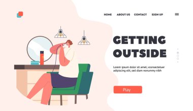 Girl Beauty Landing Page Template. Female Character Styling Hair at Home. Young Woman Using Curling Iron for Making Hairstyle for Beauty and Good Looking Appearance. Cartoon Vector Illustration