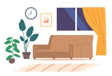 Living Room Interior with Furniture and Decor. Sofa, Potted Plants, Pictures and Clock on Wall, Curtained Window. Cozy Apartment with Couch, Rag, Empty Home Background. Cartoon Vector Illustration