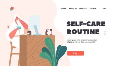 Self-care Routine Landing Page Template. Female Character Hygiene Procedure in Bathroom. Young Adorable Woman Sitting in front of Mirror Applying Facial Mask after Shower. Cartoon Vector Illustration
