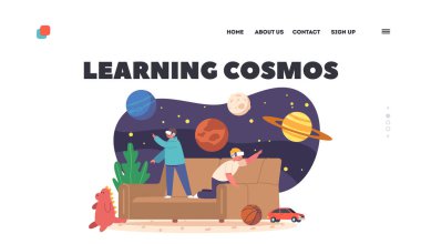 Children Wearing Vr Headsets Explore Space Landing Page Template. Kids Immersed In Educational Experience Learn Cosmos. Ar Technology In Learning And Education. Cartoon People Vector Illustration
