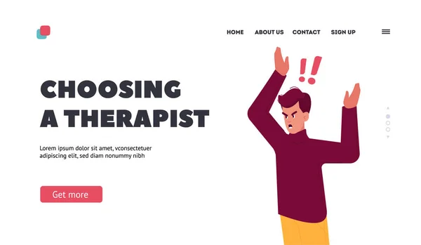 Frustration Anger Landing Page Template Aggressive Annoyed Male Character Raised — стоковый вектор