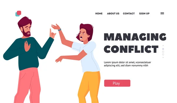 Managing Conflict Landing Page Template Couple Quarrel Man Woman Characters — Vettoriale Stock