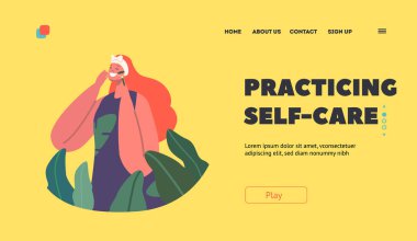 Self-care, Wellness, Beauty Products, And Massage Therapy Landing Page Template. Woman Using Facial Roller To Massage Face, Promoting Blood Flow And Reducing Puffiness. Cartoon Vector Illustration