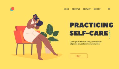 Prcaticing Self-care Landing Page Template. Black Female Character Brushing Hair. Young Woman Sitting on Armchair Comb Beautiful Hair with Brush. Care, Hygiene Procedure. Cartoon Vector Illustration