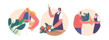 Flower Shop Isolated Round Icons or Avatars. Saleswomen Making Floral Compositions and Sell Bouquets, Customer Buying Flowers, Florist Profession, Job. Cartoon People Vector Illustration
