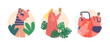 Women Daily Routine Isolated Round Icons or Avatars Young Female Characters Hygiene Procedures front of the Mirror. Girl Rouge, Dress On and Use Cosmetics Makeup. Cartoon Vector Illustration