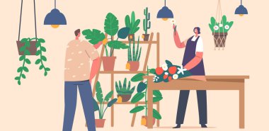 Smiling Vendor Sell Bouquet To Buyer. Happy Woman Working At Small Shop With Potted Plants and Flowerpots On Shelves. Owner Growing And Selling Flowers At Store. Cartoon People Vector Illustration