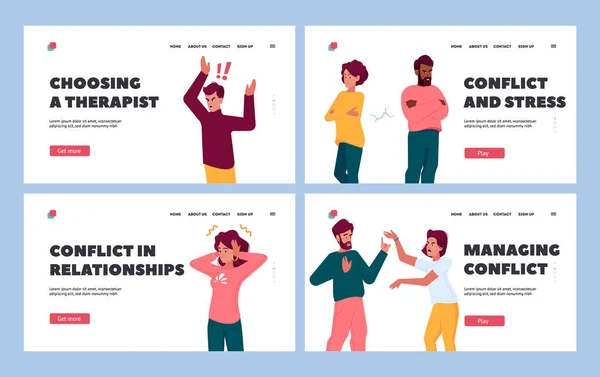 Family Couples Conflict Quarrel Landing Page Template Set Angry Men — Stockový vektor