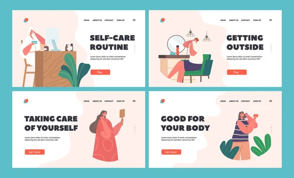 Women Daily Routine Landing Page Template Set Young Female Characters — Stockový vektor