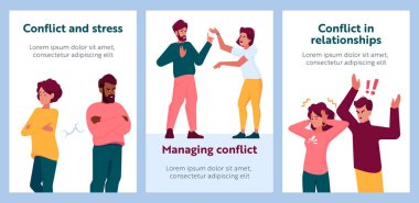 Conflict in Relationships Cartoon Banners. Angry Men and Women Expressing Tense and Aggression. Couple Quarrel, Disagreement Between Partners, Argument, Frustration And Anger. Vector Posters