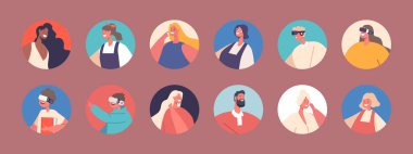 Set of People Avatars, Male and Female Characters, Adult and Kids Wear Vr Goggle, Bath or Casual Clothes, Young and Mature Men or Women Portraits. Cartoon Vector Illustration, Isolated Round Icons.