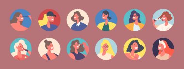 Set of Women Avatars, Female Characters with Different Appearance Care for Face and Applying Cosmetics or Makeup. Young Girl Portraits for Social Media. Cartoon People Vector Isolated Round Icons