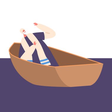 Biblical Apostle Sitting in Boat with Frighten Face Expression. One Of Twelve Individuals Chosen By Jesus Christ To Spread The Gospel And Teachings Of Christianity. Cartoon Vector Illustration
