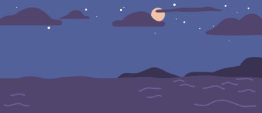 Night Ocean Under Starry Sky With Shining Full Moon Above Sea With Rocks Sticking Up Of Water. Beautiful Nature Landscape Background, Scenery View. Cartoon Vector Illustration