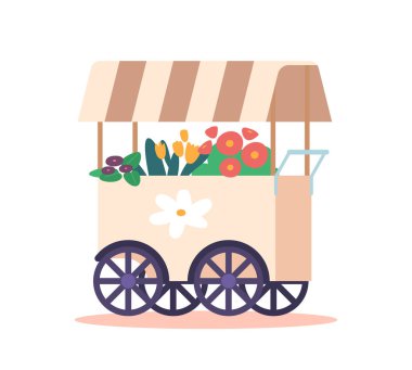 Wheeled Flower Shop Booth Displaying Various Colorful Fresh Flowers And Plants. Isolated Element for Florists Store, Garden Center, Spring or Summer Sales Events. Cartoon Vector Illustration