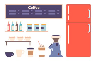 Set of Coffee Shop Interior Items. Wooden Table, Shelves with Various Coffee-related Items Such As Mugs, Beans, And Brewing Equipment. Refrigerator, Coffee Machine. Cartoon Vector Illustration, Icon