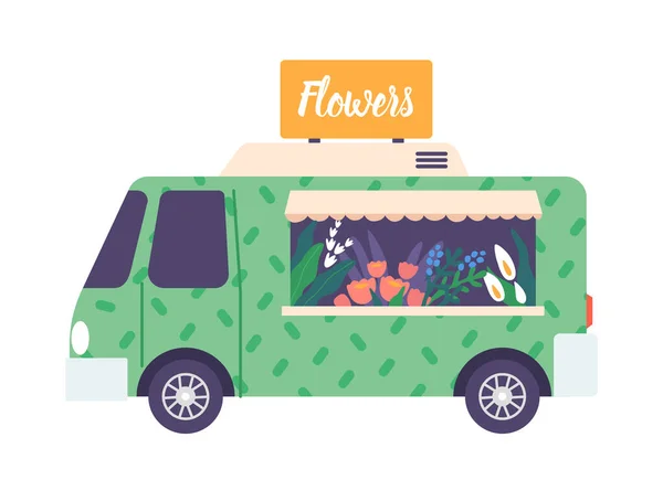 Mobile Flower Shop Bus Complete Colorful Floral Display Decorative Accents — Archivo Imágenes Vectoriales