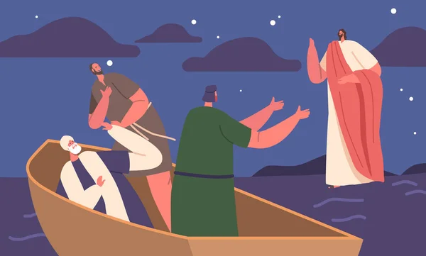 Biblical Scene Depicting Jesus Walking Water His Apostles Sitting Boat — Vector de stock