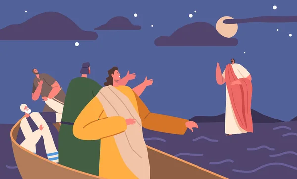 Biblical Scene Jesus Walking Water Waves Cloudy Sky Background Apostles — Stock Vector