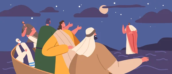 Biblijna Scena Jezus Chodzący Wodzie Otoczony Burzliwymi Falami Swoimi Uczniami — Wektor stockowy
