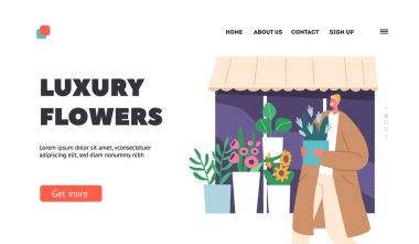 Luxury Flowers Landing Page Template. Man Bought Bouquet in Street Store. Young Male Character Standing near Floristic Shop Showcase Window with Fresh Blossoms. Cartoon People Vector Illustration