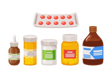 Set of Medical Pills or Medications, Pharmacy and Drugstore Production. Blister, Bottles or Jars with Drugs. Conceptual Icons for Health Care, First Aid, Illness Treatment. Cartoon Vector Illustration