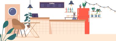 Kafe içi, kahve makinesi, masa, sandalye, ahşap mobilya ve karatahta menüsü olan rahat kafe odası. Kapısı ve buzdolabı olan bir kafeterya. Çizgi film Vektör İllüstrasyonu