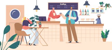 Customers Inside A Cozy Coffee Shop Buying Drinks, Sipping On Their Beverages Sitting at Tables In Warm, Inviting Atmosphere. Concept For Lifestyle, Cafe Culture. Cartoon People Vector Illustration