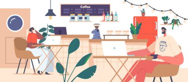Lively Scene Inside A Cozy Coffee Shop With People Working On Laptops And Savoring Their Drinks. Cafe Or Social Space With People in Cozy, Inviting And Warm Atmosphere. Cartoon Vector Illustration
