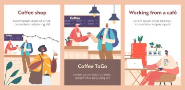 Cartoon Banners with People Sitting Inside A Bustling Coffee Shop, Sipping Coffee, Work on Laptops, Socializing And Chatting With Friends in Cozy And Inviting Atmosphere. Vector illustration, Posters