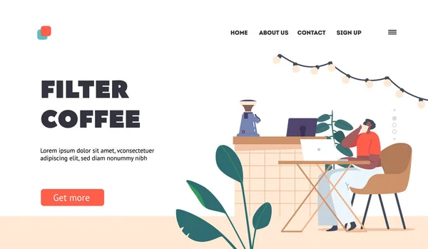 Coffee Filter Landing Page Template Cozy Coffee Shop Woman Working — Vetor de Stock