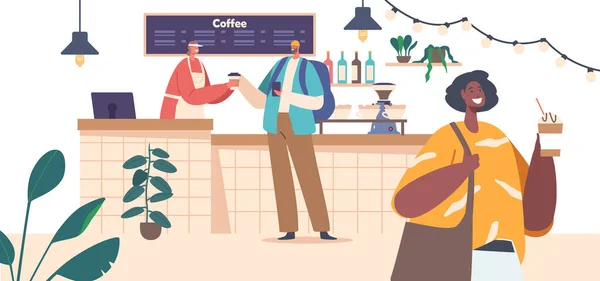 Кофейня Клиентами Покупающими Напитки Стойкой Баристой Кафе Культура Кофе Концепция — стоковый вектор