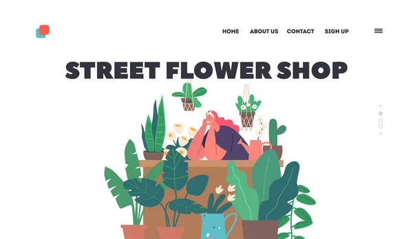 Kwiaciarnia Kobieta Street Flower Shop Landing Page Szablon Postać Siedząca — Wektor stockowy