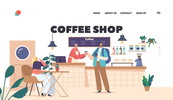 Coffee Shop Landing Page Template Customers Buying Drinks Drink Beverages — Vector de stock