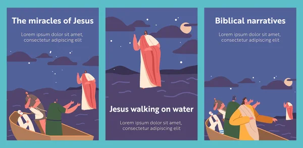 Biblical Banners Jesus Walking Water Surrounded Turbulent Waves His Disciples — Stock Vector