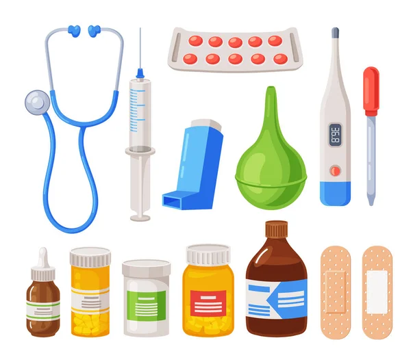 Set Medical Items Stethoscope Syringe Inhaler Enema Thermometer Pipette Medication — Διανυσματικό Αρχείο