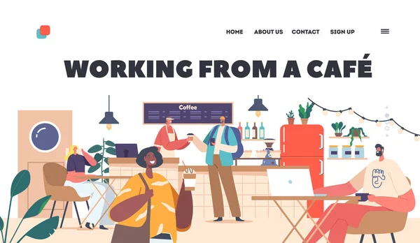 Praca Cafe Landing Page Template Klienci Kawiarni Sączący Kawę Pracujący — Wektor stockowy