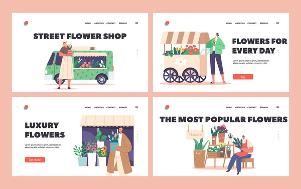 Street Flower Shop Landing Page Template Set Customers Buying Flower — Stock Vector