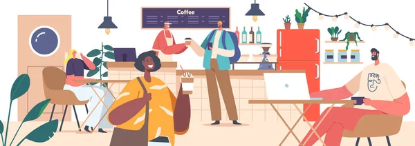 Customers Sitting Bustling Coffee Shop Sipping Coffee Working Laptops Socializing — 图库矢量图片
