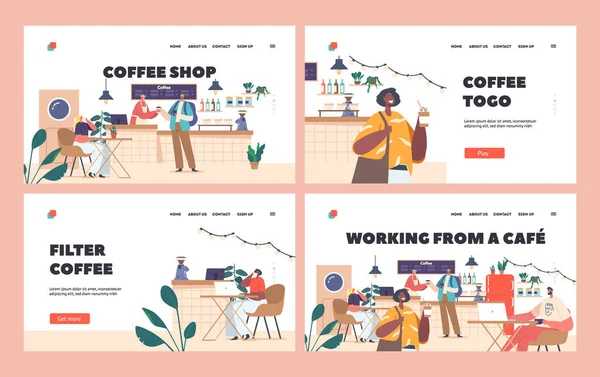 People Cafe Landing Page Set Modelli Clienti Coffee Shop Sorseggiando — Vettoriale Stock