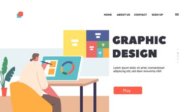 Grafik Tasarım İniş Şablonu. Kız Tasarımcı Renk Paletini Ekranda Seçiyor. Typography Studio veya Reklam Ajansında Yaratıcı Çalışma Süreci. Çizgi film Vektör İllüstrasyonu