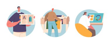 Matbaa Reklam Ajansı, Poligrafi Endüstrisi İzole Edilmiş Yuvarlak Simgeler veya Görseller. Erkek ve Kadın Tasarımcı Karakterleri, Basın Tüketilebilir Malzemeleri Üreten İşçiler. Çizgi film Vektör İllüstrasyonu