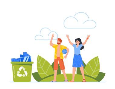 Green Park 'ta yürüyen aile çifti. Genç Erkek ve Kadın Karakterler Doğada Birlikte Zaman Geçirir, Dijital Aygıtsız Dinlenme, Kablosuz İnternet ve İnternet Bağlantısı Yok. Çizgi film İnsanları Vektör İllüstrasyonu