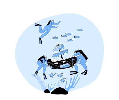 Dalgıçlar Okyanusun derinliklerinde altın, gümüş ve değerli mücevher gibi saklı hazineleri araştırıyorlar. Özel Dalış Malzemeleri ile Aşırı Aktivite. Çizgi film Vektör İllüstrasyonu