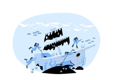 Sualtı Hazine Avı Konsepti. Dalgıç Karakterleri Ocean Bottom 'da Batık Gemi' de Altını Arıyor. Metal dedektörlü dalış kıyafetleri içinde insanlar deniz tabanını araştırıyor. Çizgi film Vektör İllüstrasyonu