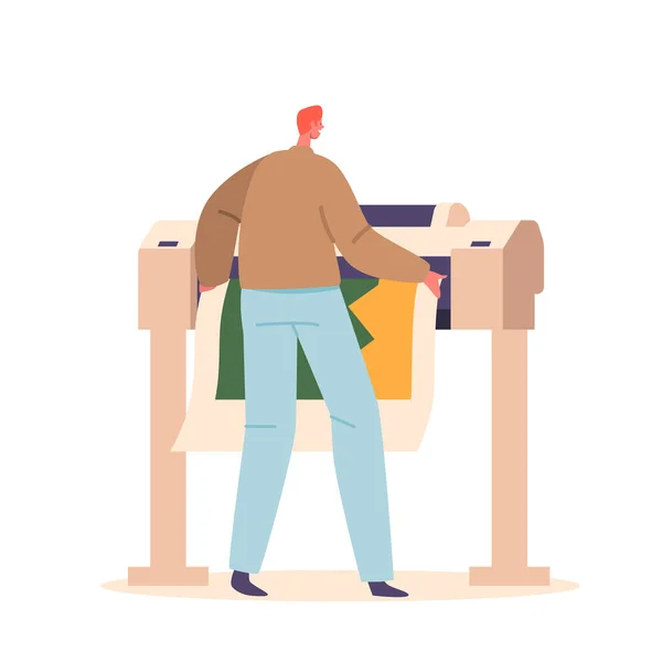 Designer Using Widescreen Offset Printing Machine Man Print Banner Multifunction — Stock Vector