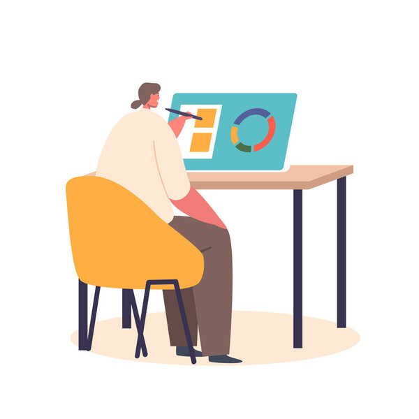 Girl Designer Choose Coloring Palette on Digital Tablet Screen, Creative Artist Female Character Working Process in Typography Studio, Printing House or Advertising Agency. Cartoon Vector Illustration