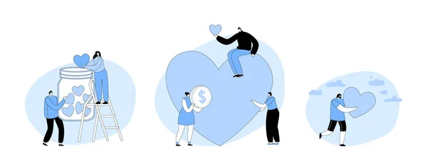 Set Volunteering Charity Support Tiny Volunteer Characters Collecting Hearts Huge — Stock Vector